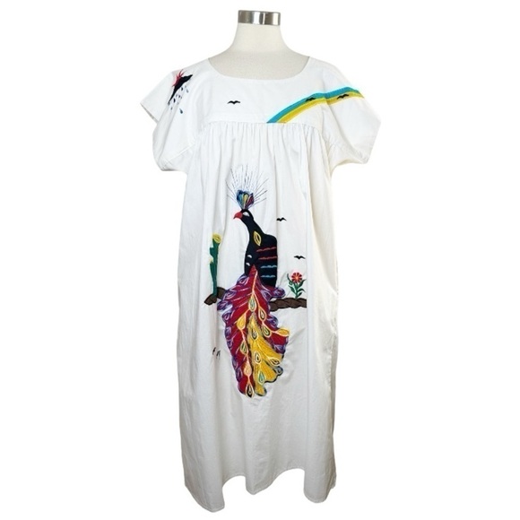 VINTAGE Handmade Peacock Kaftan Dress w/ Pockets size XL - Picture 2 of 12